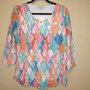 NWT Astrologie Watercolor Diamond Print 3/4 Sleeve Top Women's sz Medium